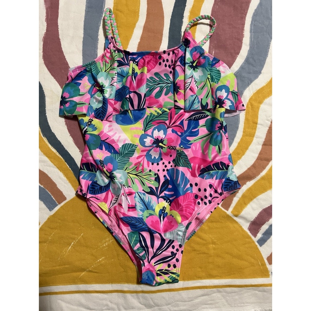 Ocean Gear kids One-Piece Swimsuit Pink/Multicolor Floral 2XG Plus Ruffle